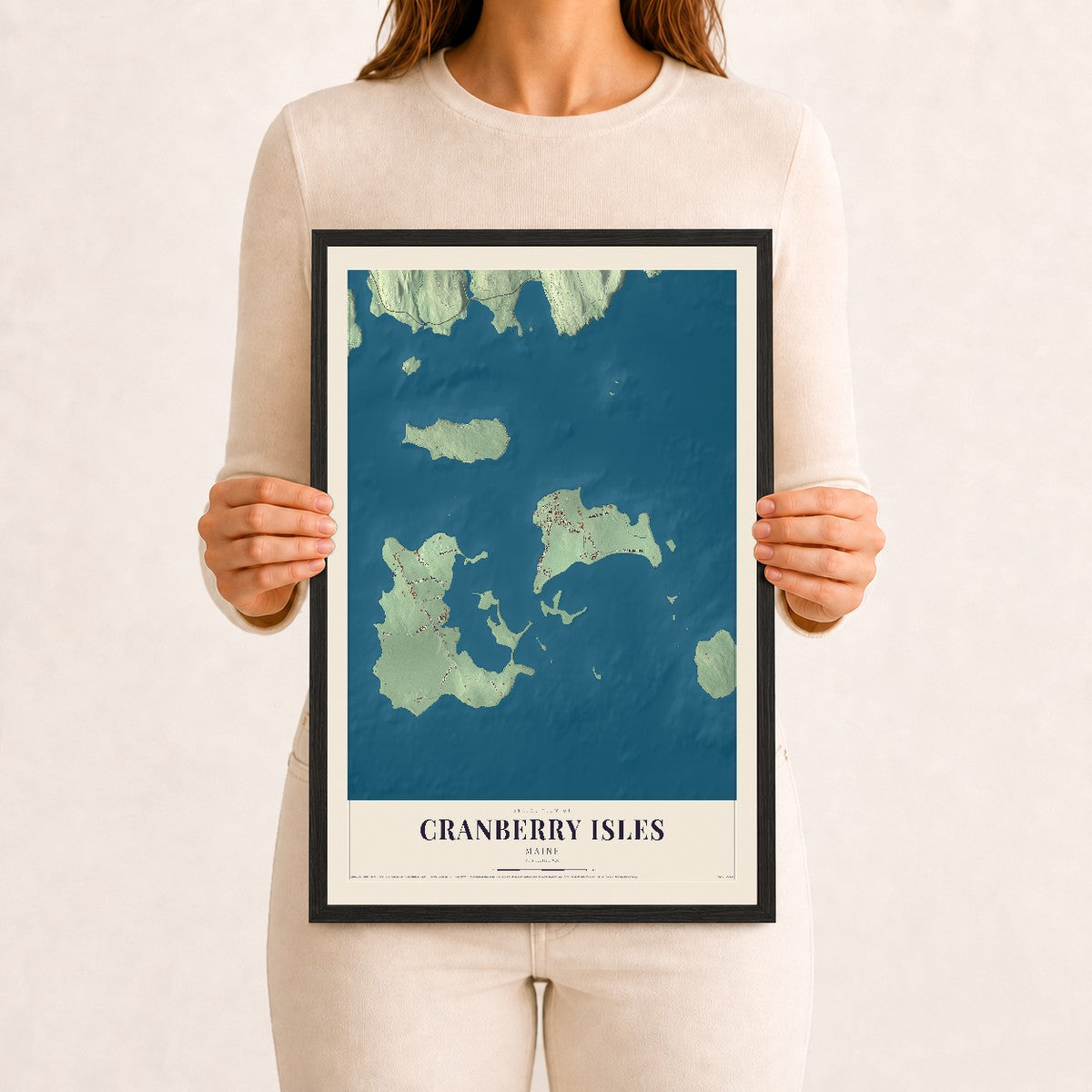 Cranberry Isles, Maine map print - 12 x 18 black Ayous wood frame