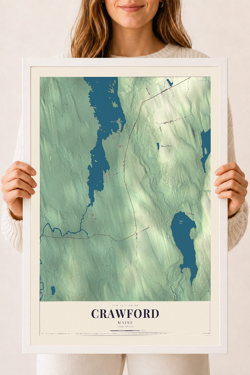 Crawford, Maine map print - 18 x 24 white Ayous wood frame
