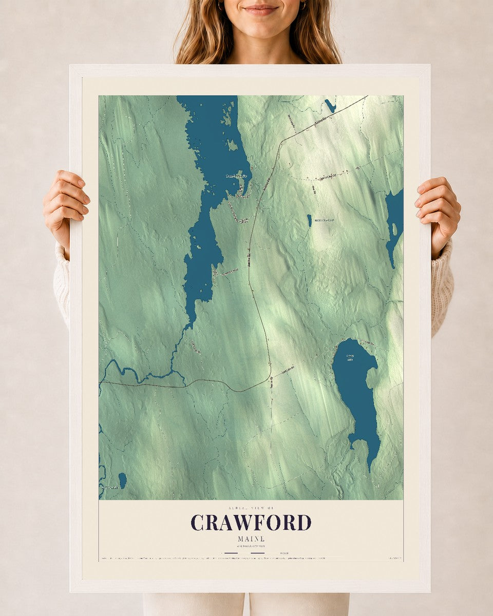 Crawford, Maine map print - 24 x 36 white Ayous wood frame
