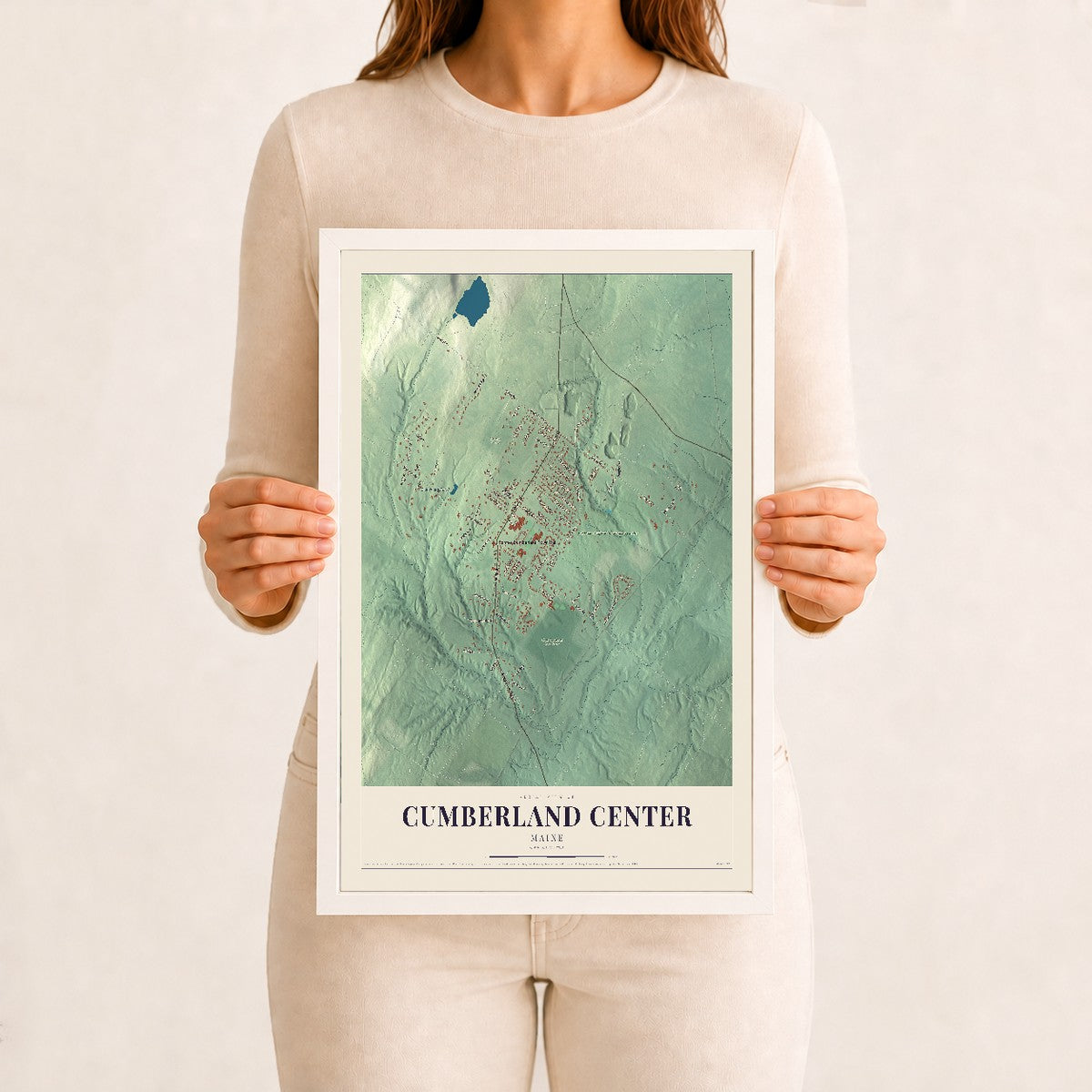 Cumberland Center, Maine map print - 12 x 18 white Ayous wood frame