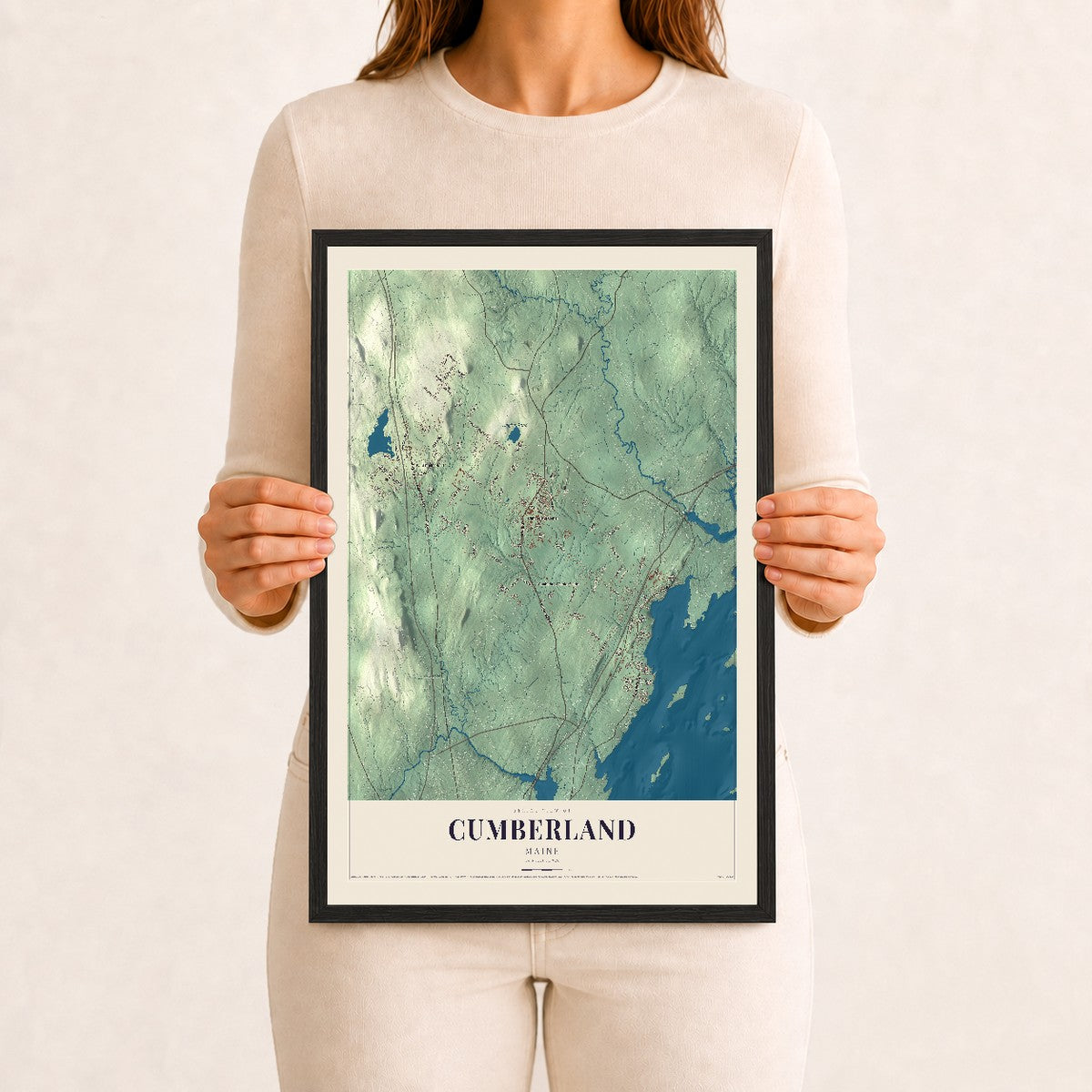 Cumberland, Maine map print - 12 x 18 black Ayous wood frame