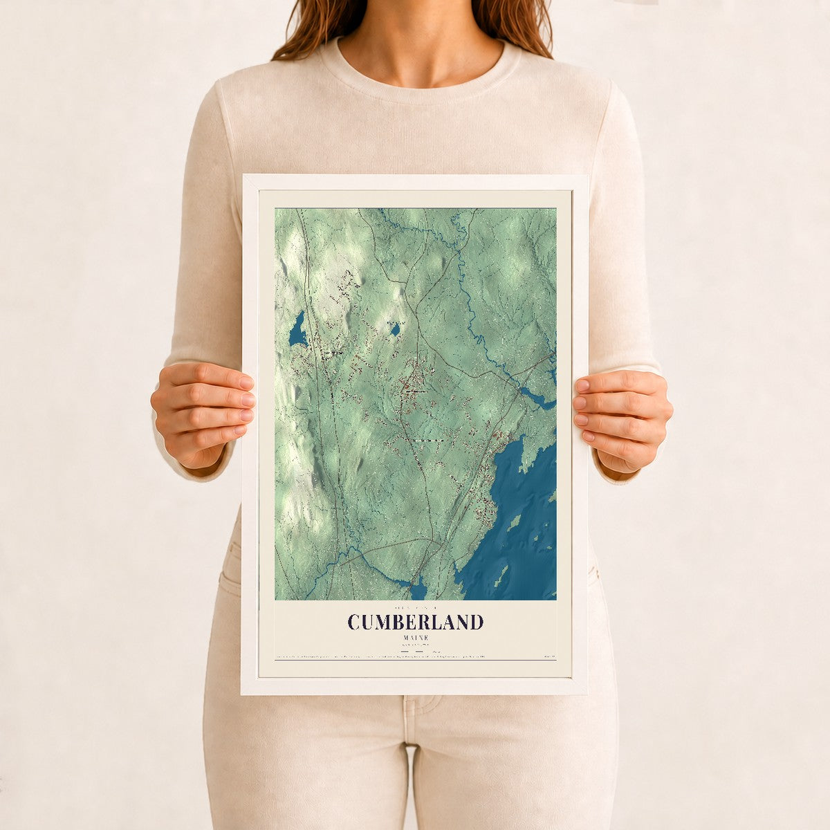 Cumberland, Maine map print - 12 x 18 white Ayous wood frame