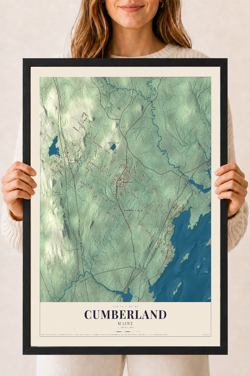 Cumberland, Maine map print - 18 x 24 black Ayous wood frame