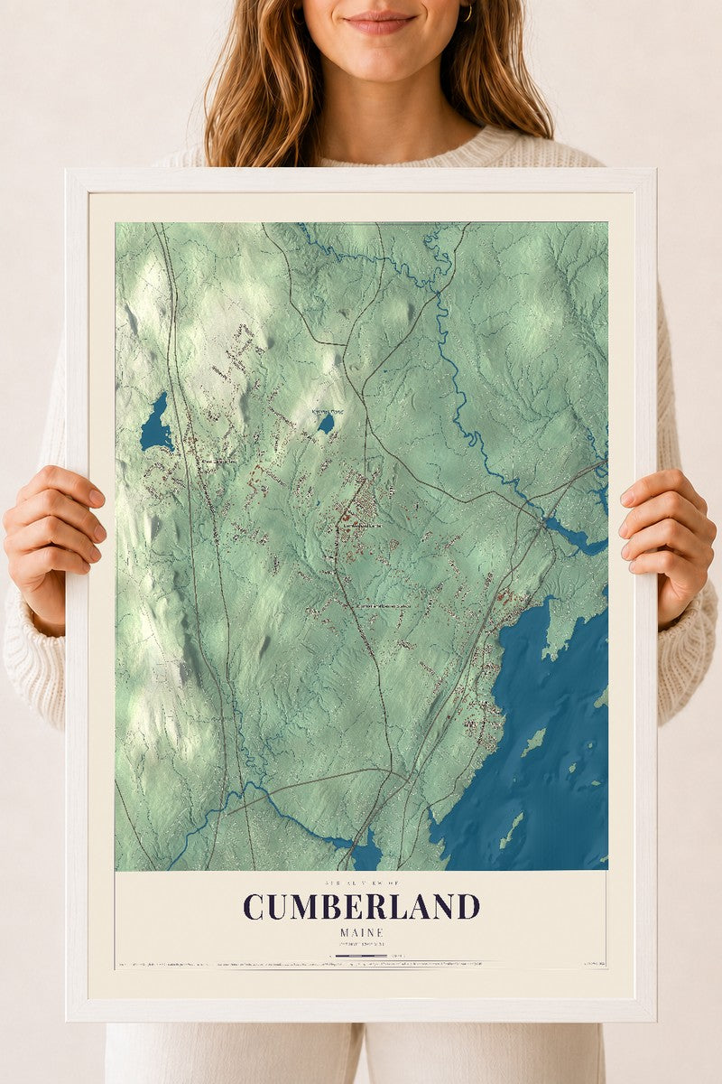 Cumberland, Maine map print - 18 x 24 white Ayous wood frame
