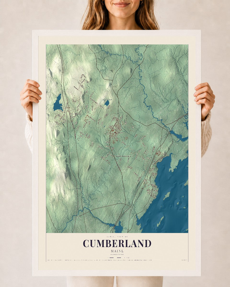 Cumberland, Maine map print - 24 x 36 white Ayous wood frame