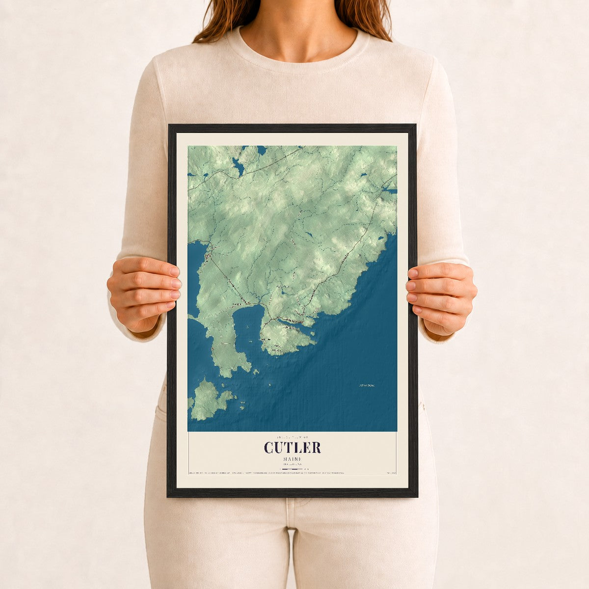 Cutler, Maine map print - 12 x 18 black Ayous wood frame