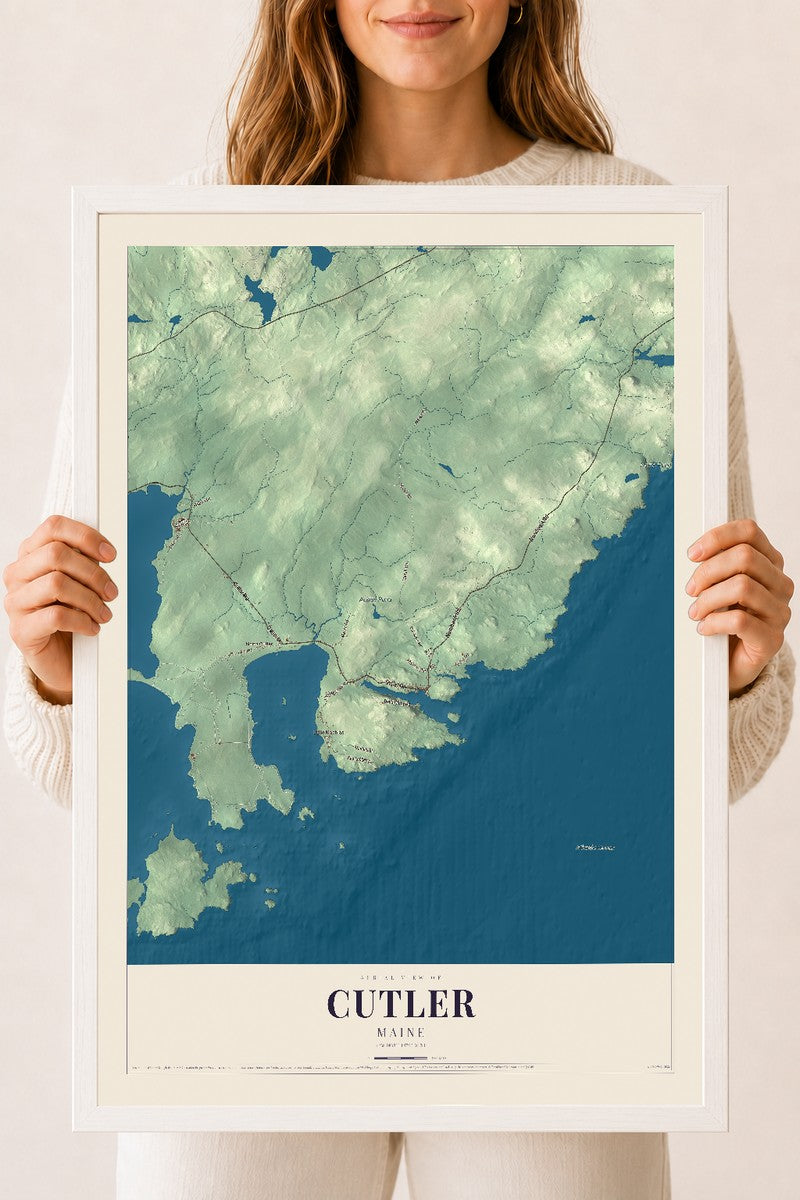 Cutler, Maine map print - 18 x 24 white Ayous wood frame