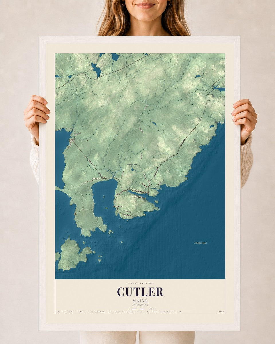 Cutler, Maine map print - 24 x 36 white Ayous wood frame
