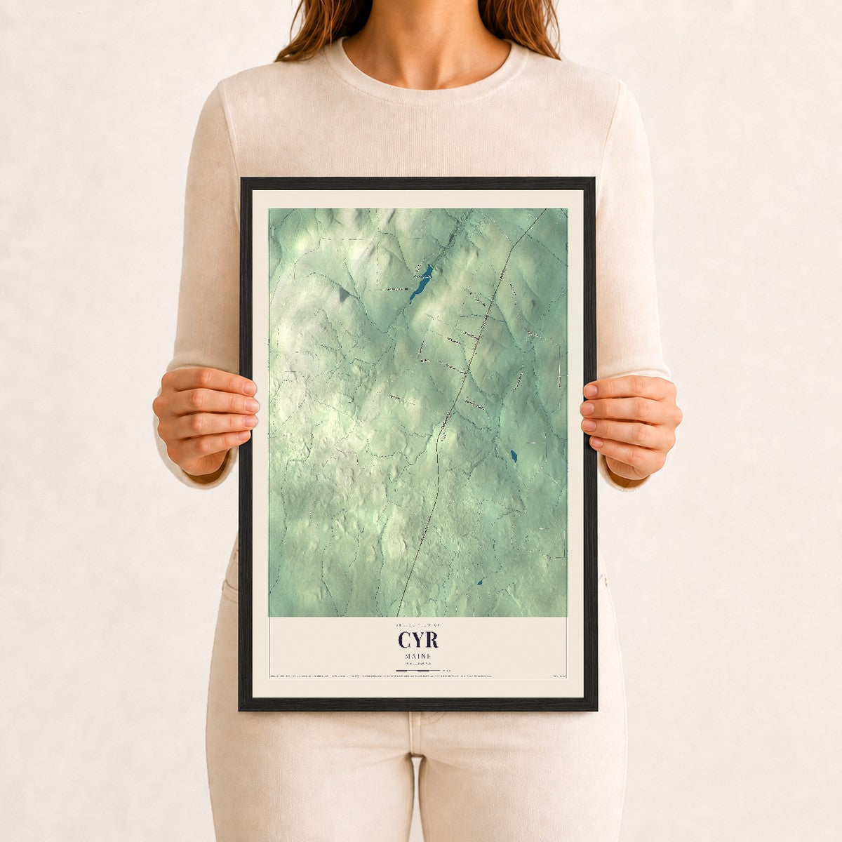 Cyr, Maine map print - 12 x 18 black Ayous wood frame
