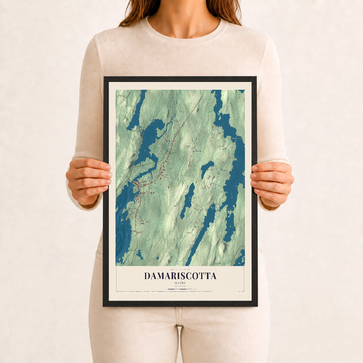 Damariscotta, Maine map print - 12 x 18 black Ayous wood frame