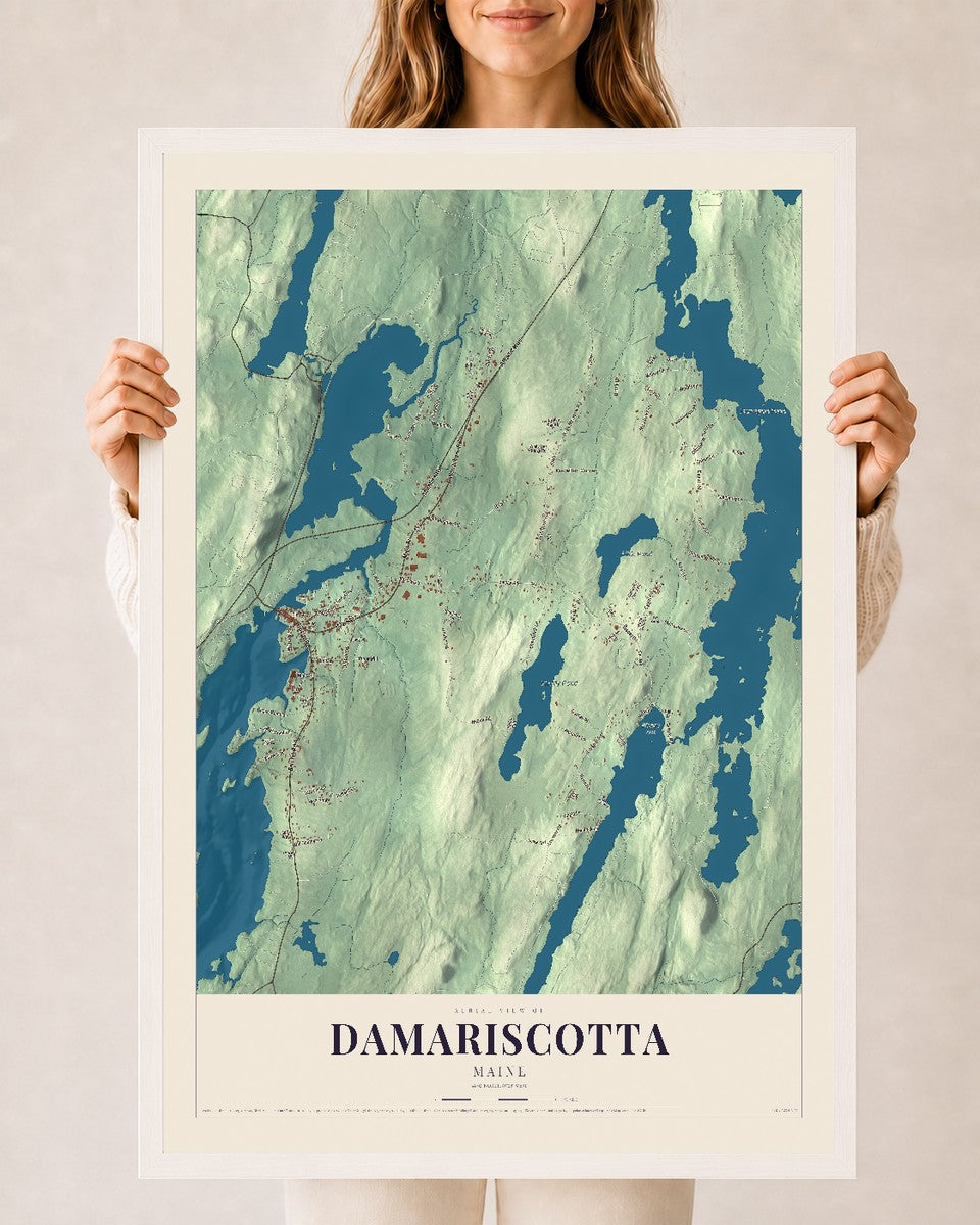 Damariscotta, Maine map print - 24 x 36 white Ayous wood frame