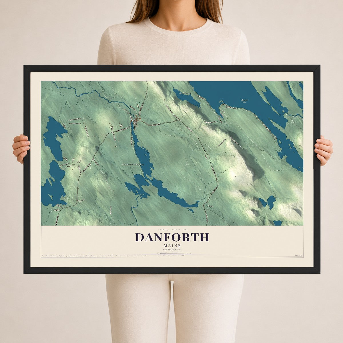 Danforth, Maine map print - 24 x 36 black Ayous wood frame
