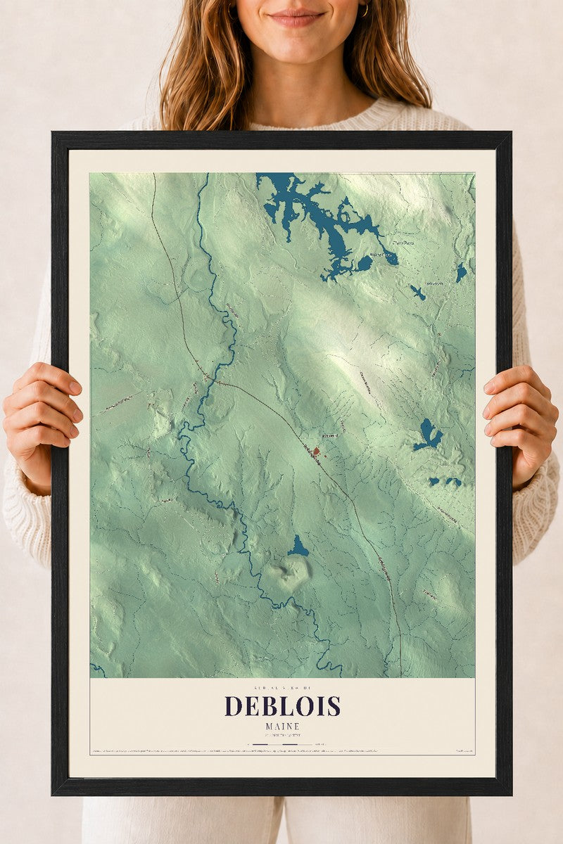 Deblois, Maine map print - 18 x 24 black Ayous wood frame