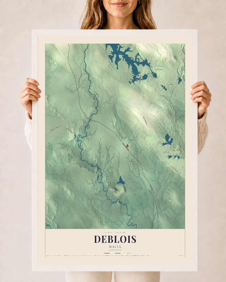 Deblois, Maine map print - 24 x 36 white Ayous wood frame