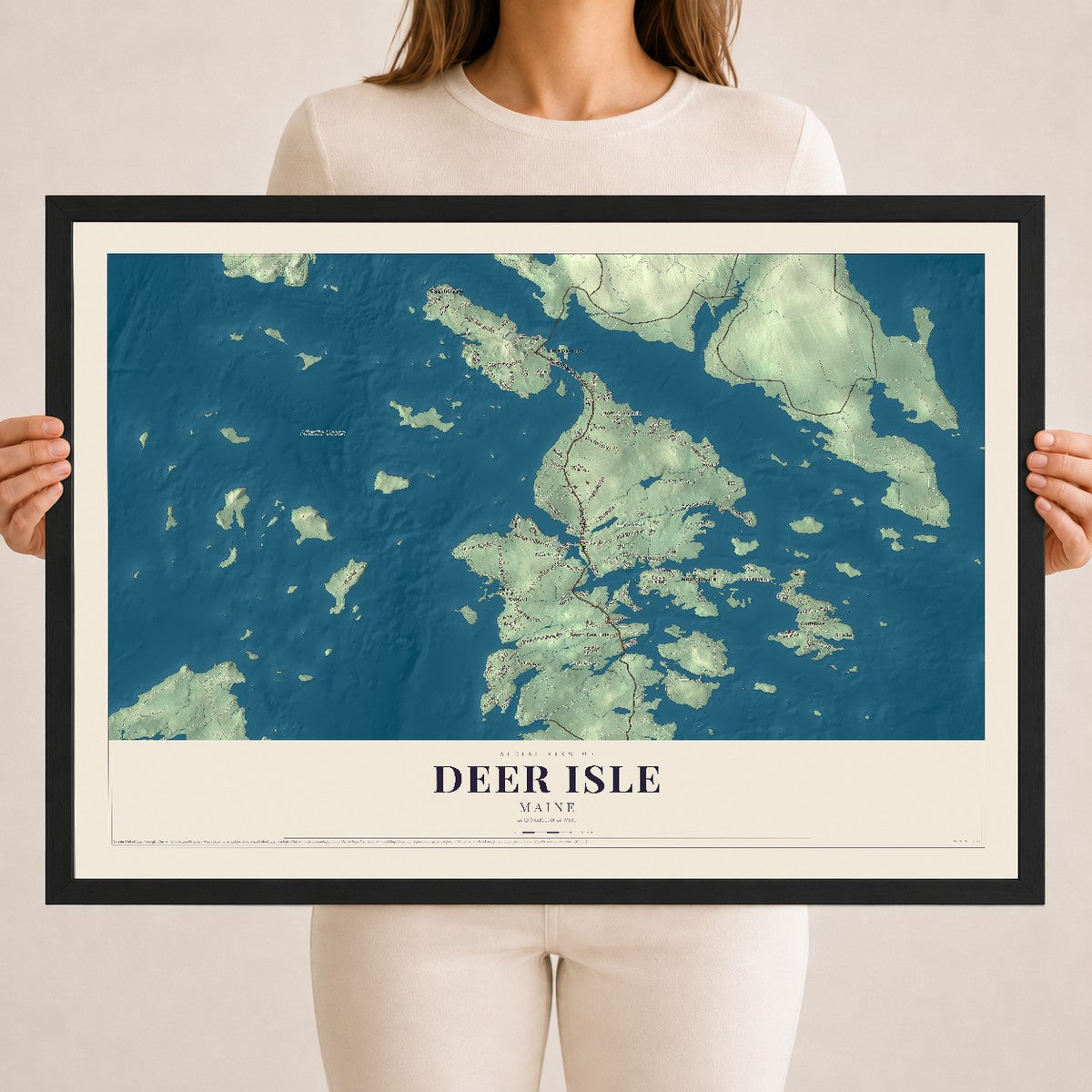 Deer Isle, Maine map print - 18 x 24 black Ayous wood frame
