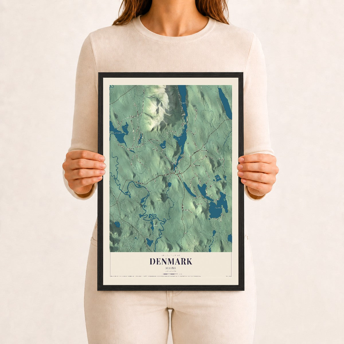 Denmark, Maine map print - 12 x 18 black Ayous wood frame