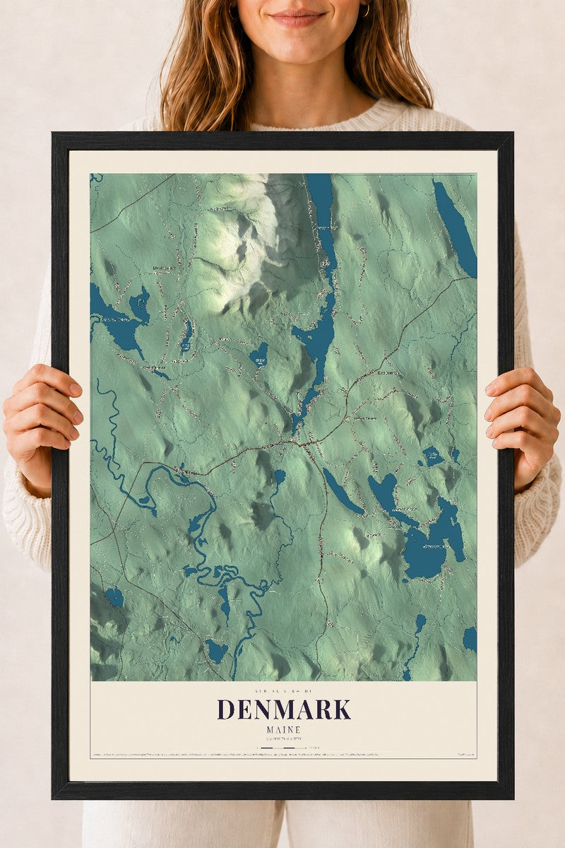 Denmark, Maine map print - 18 x 24 black Ayous wood frame