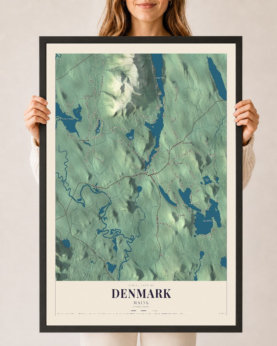 Denmark, Maine map print - 24 x 36 black Ayous wood frame