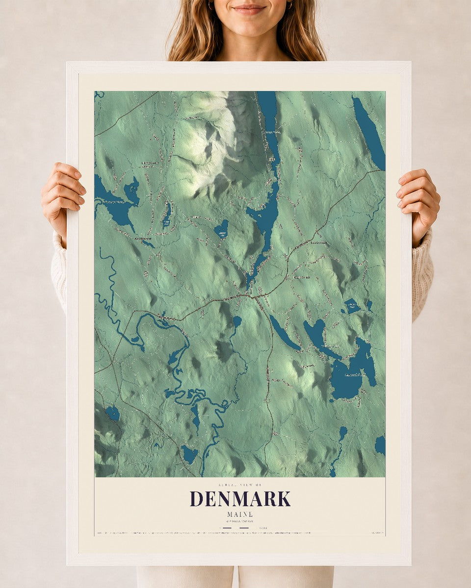 Denmark, Maine map print - 24 x 36 white Ayous wood frame