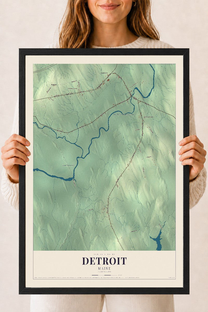 Detroit, Maine map print - 18 x 24 black Ayous wood frame