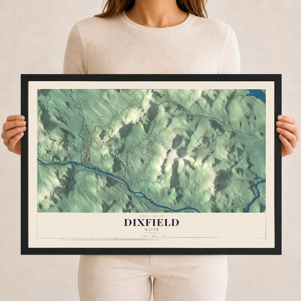 Dixfield, Maine map print - 12 x 18 black Ayous wood frame