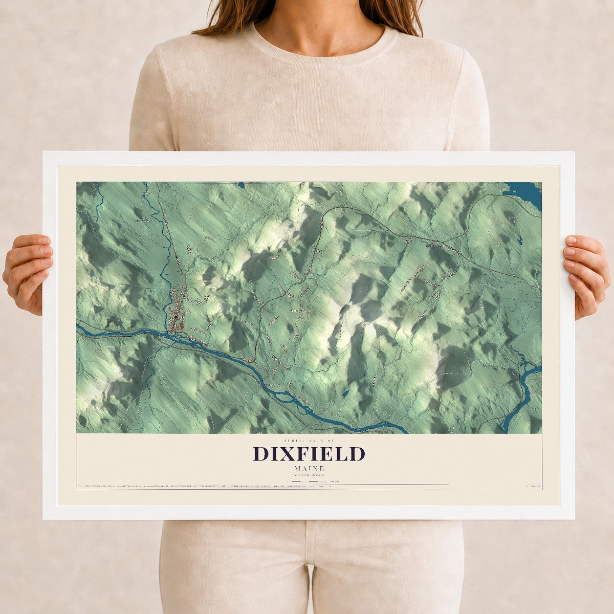 Dixfield, Maine map print - 12 x 18 white Ayous wood frame