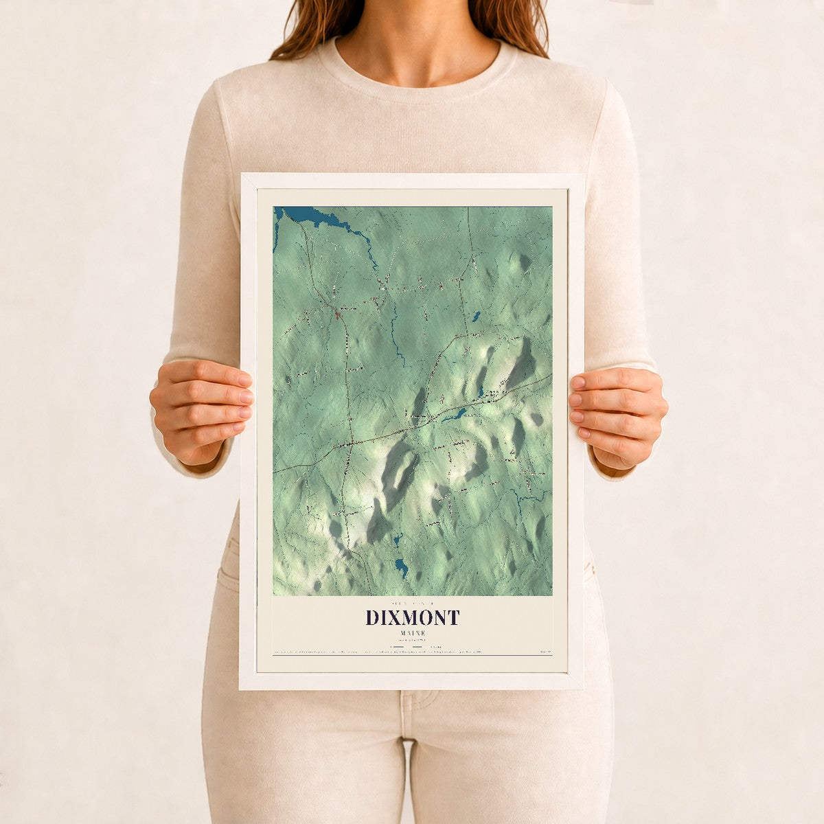 Dixmont, Maine map print - 12 x 18 white Ayous wood frame