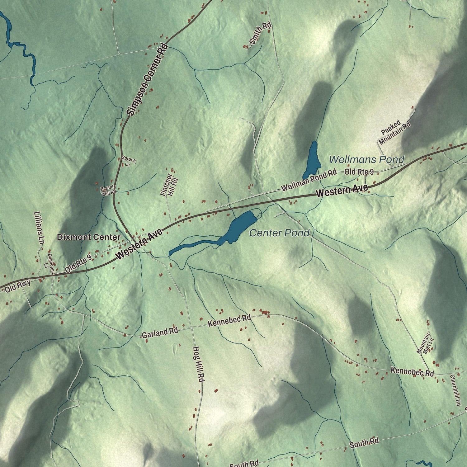 Terrain and local geography detail from the Dixmont, Maine map