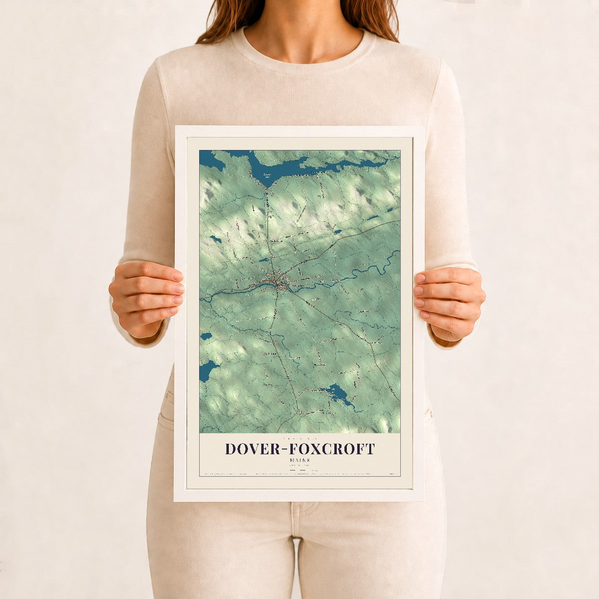 Dover-Foxcroft, Maine map print - 12 x 18 white Ayous wood frame