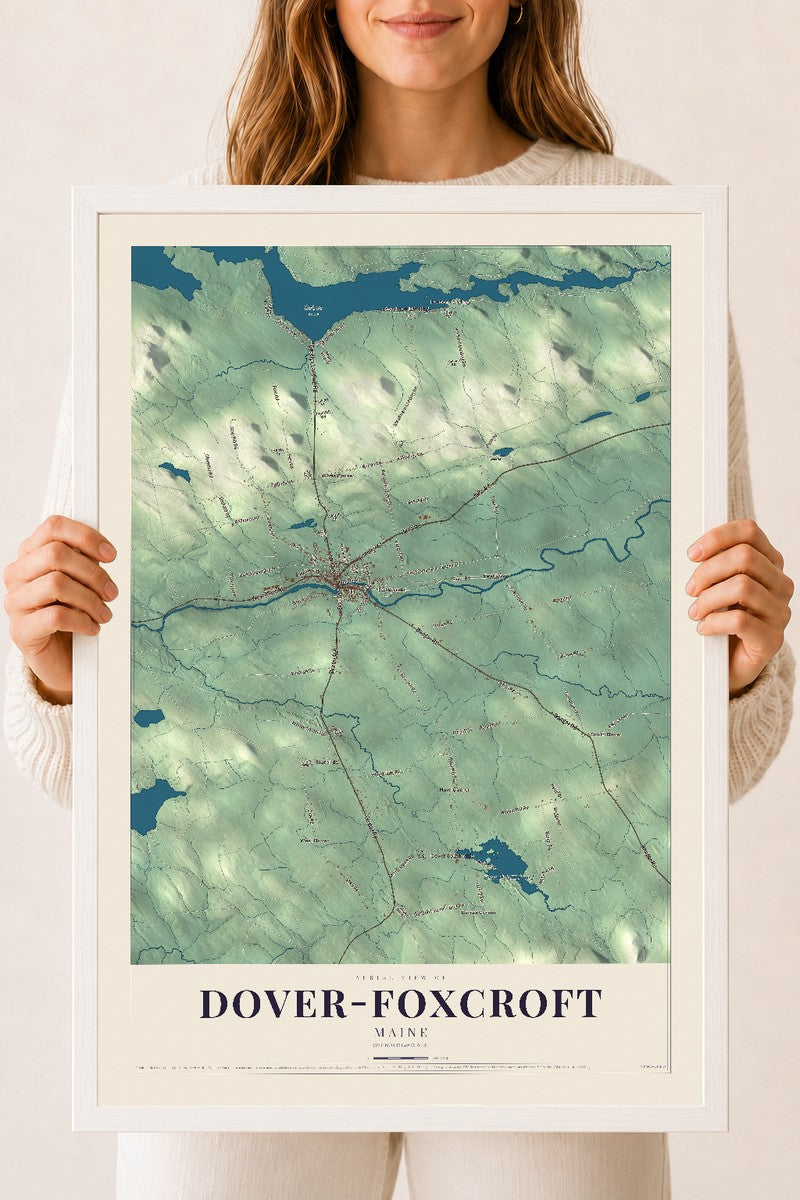 Dover-Foxcroft, Maine map print - 18 x 24 white Ayous wood frame