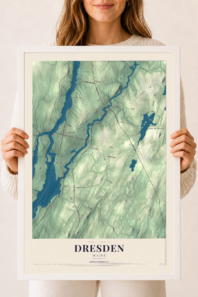 Dresden, Maine map print - 18 x 24 white Ayous wood frame