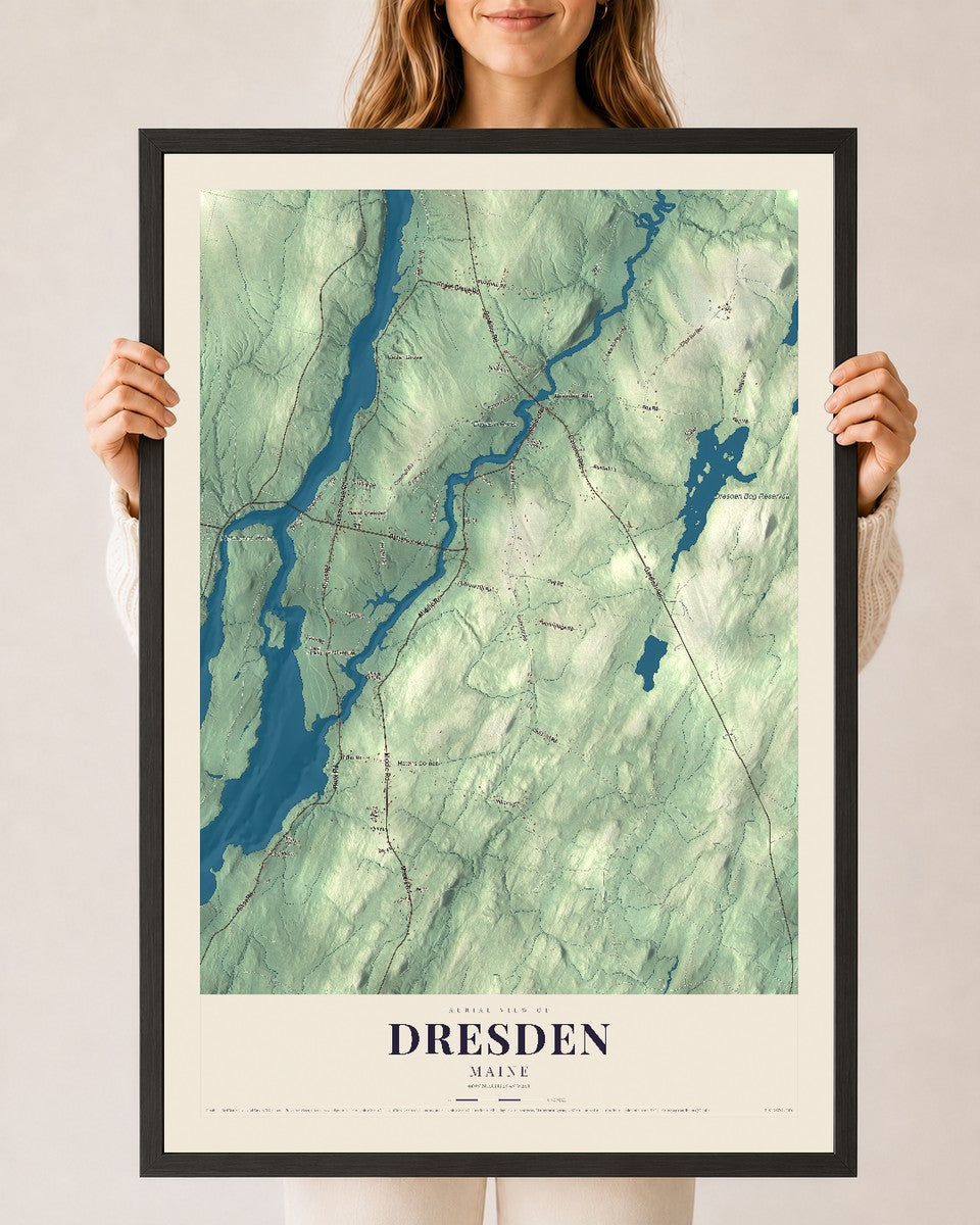Dresden, Maine map print - 24 x 36 black Ayous wood frame