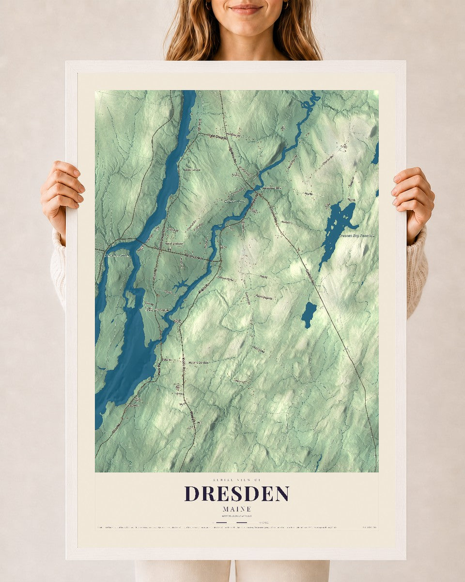 Dresden, Maine map print - 24 x 36 white Ayous wood frame