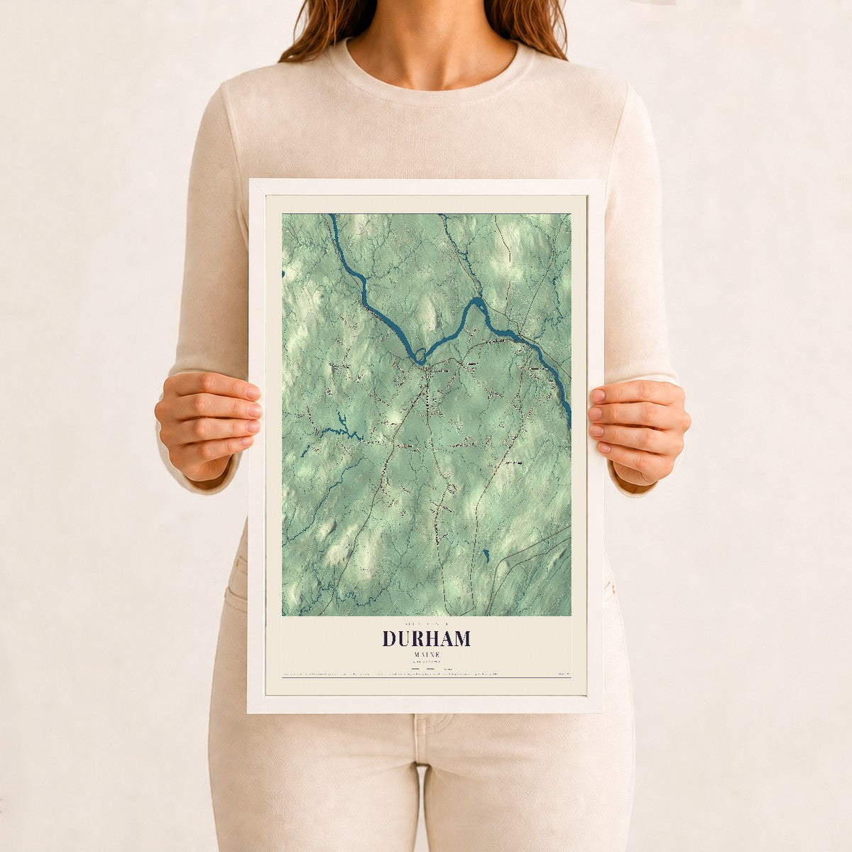 Durham, Maine map print - 12 x 18 white Ayous wood frame