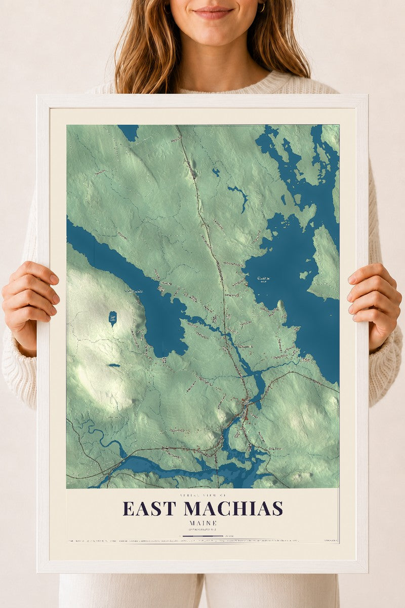 East Machias, Maine map print - 18 x 24 white Ayous wood frame