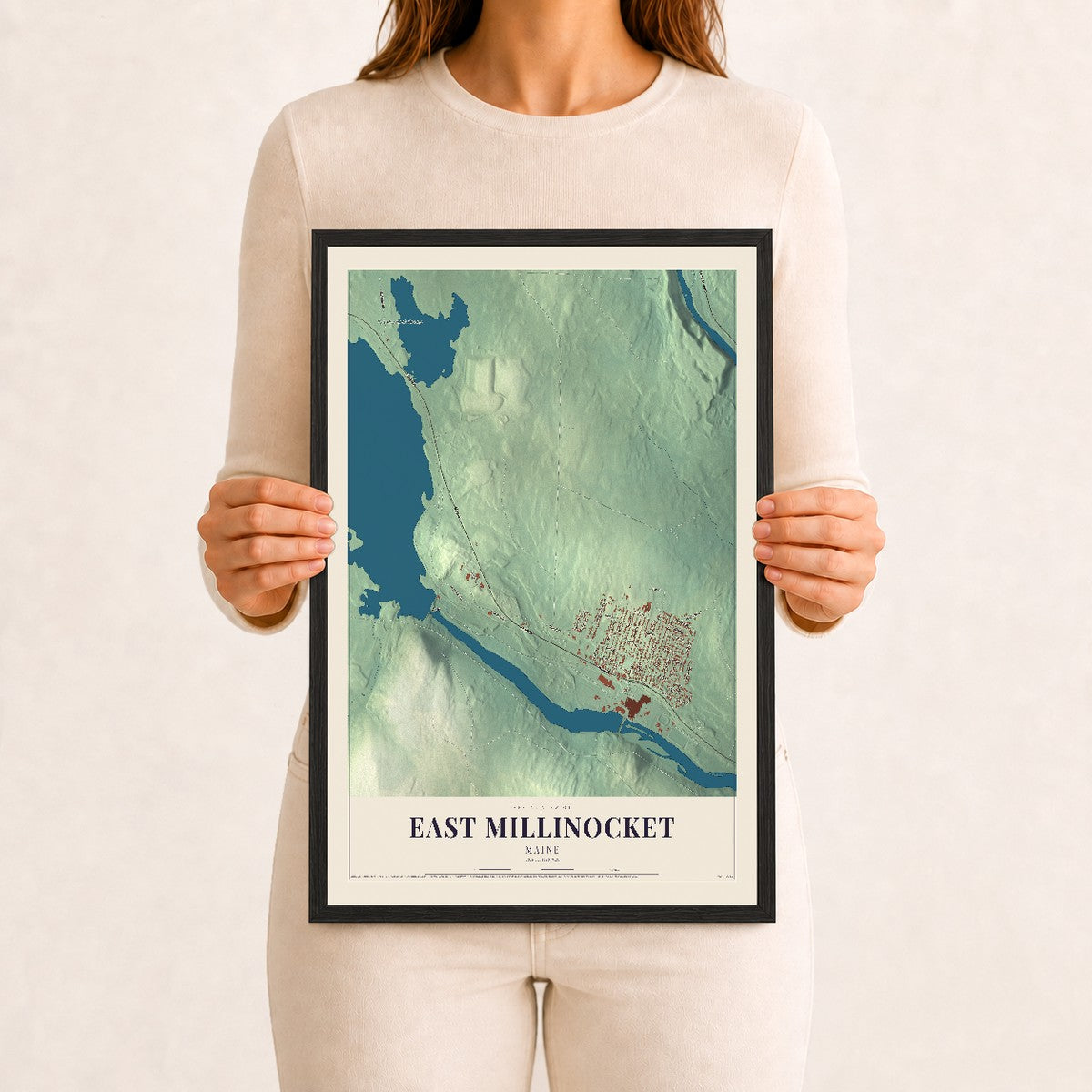 East Millinocket, Maine map print - 12 x 18 black Ayous wood frame