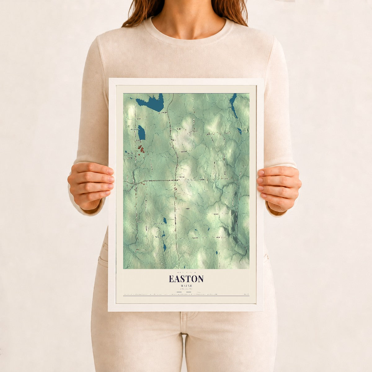 Easton, Maine map print - 12 x 18 white Ayous wood frame