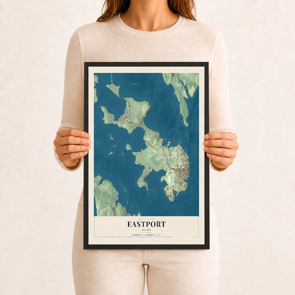 Eastport, Maine map print - 12 x 18 black Ayous wood frame