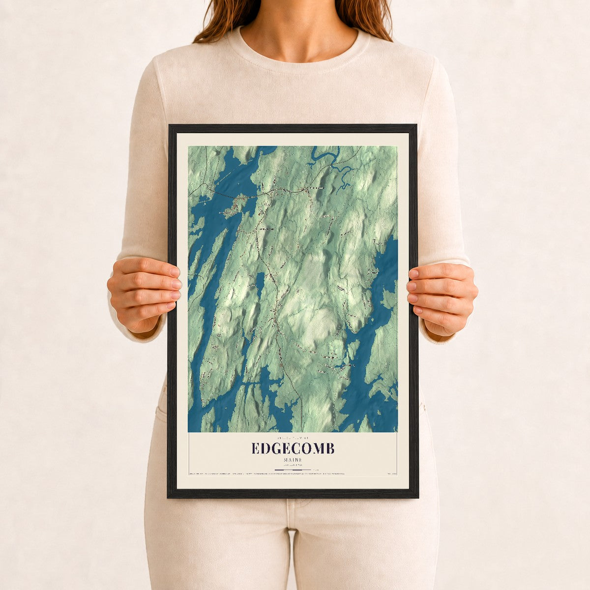 Edgecomb, Maine map print - 12 x 18 black Ayous wood frame