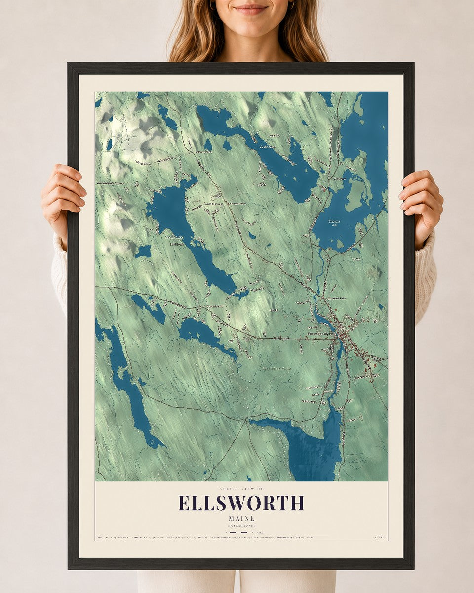 Ellsworth, Maine map print - 24 x 36 black Ayous wood frame