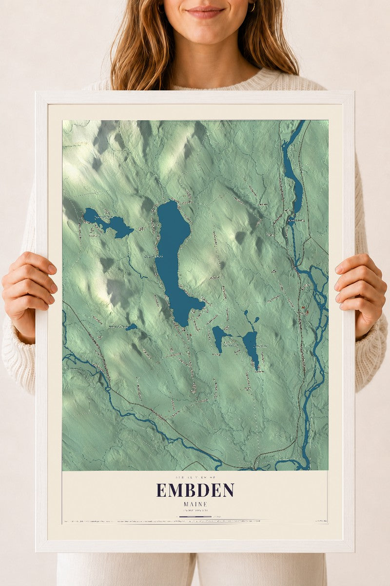 Embden, Maine map print - 18 x 24 white Ayous wood frame