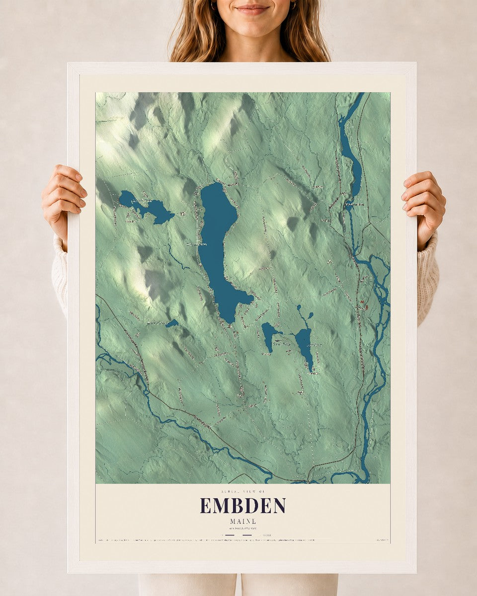 Embden, Maine map print - 24 x 36 white Ayous wood frame