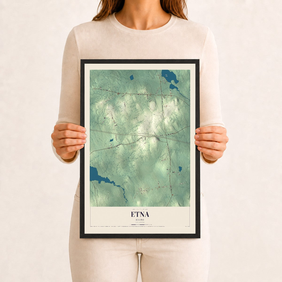 Etna, Maine map print - 12 x 18 black Ayous wood frame
