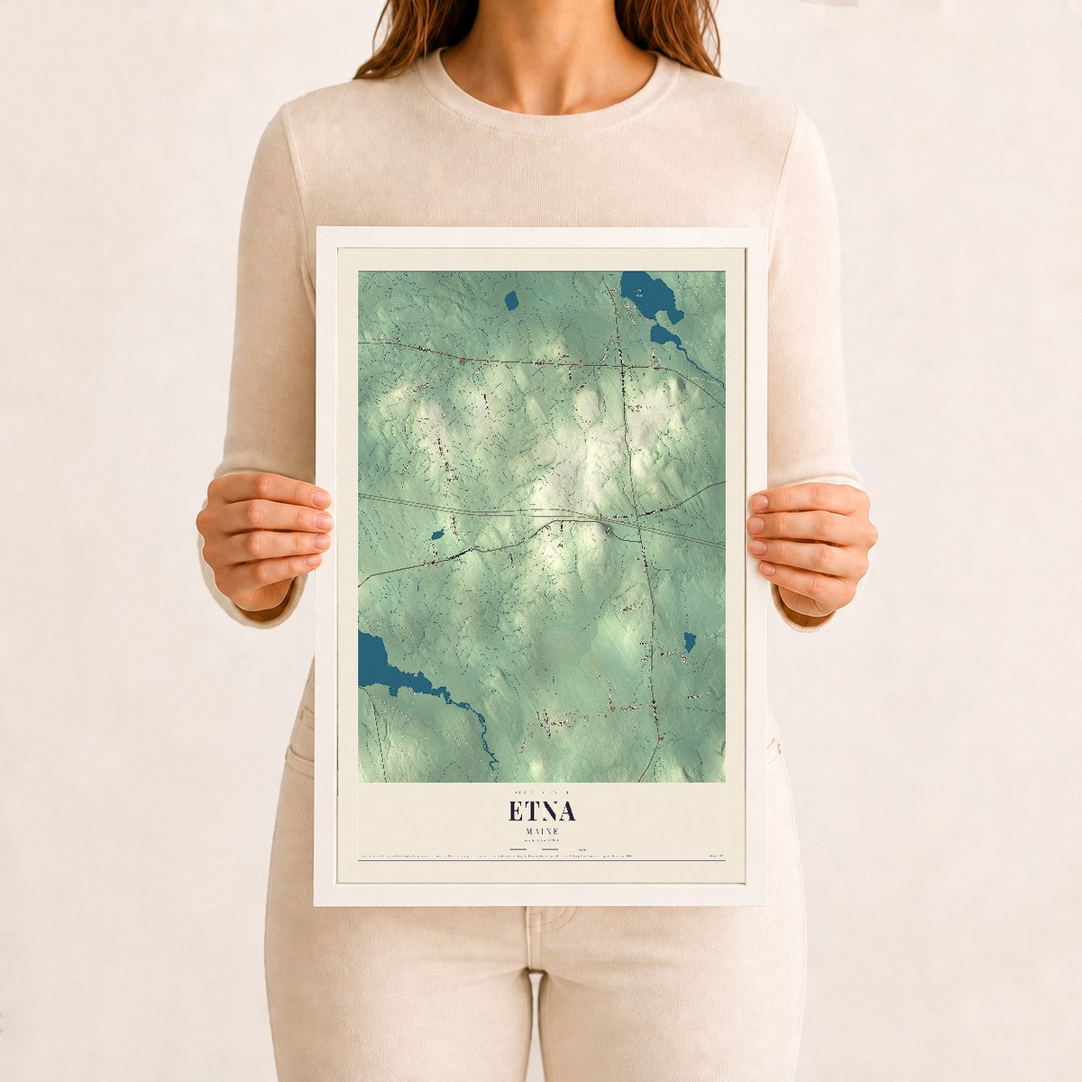 Etna, Maine map print - 12 x 18 white Ayous wood frame