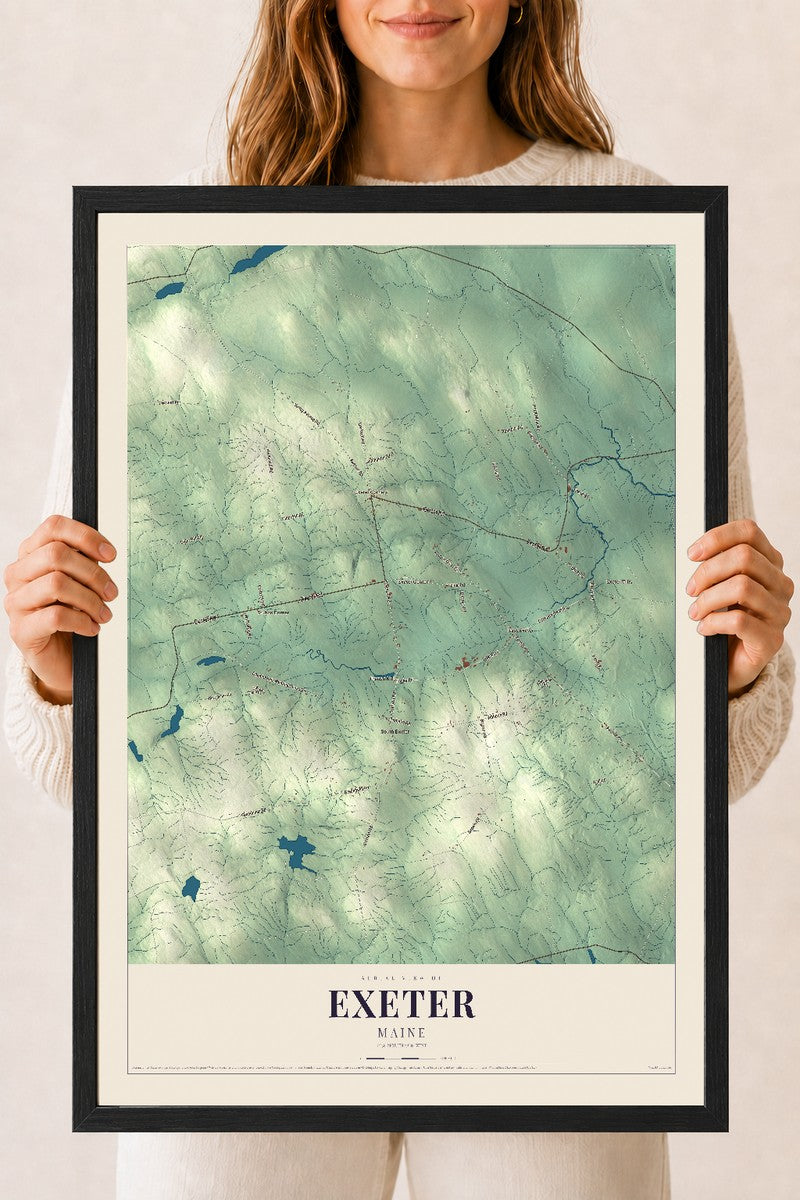 Exeter, Maine map print - 18 x 24 black Ayous wood frame