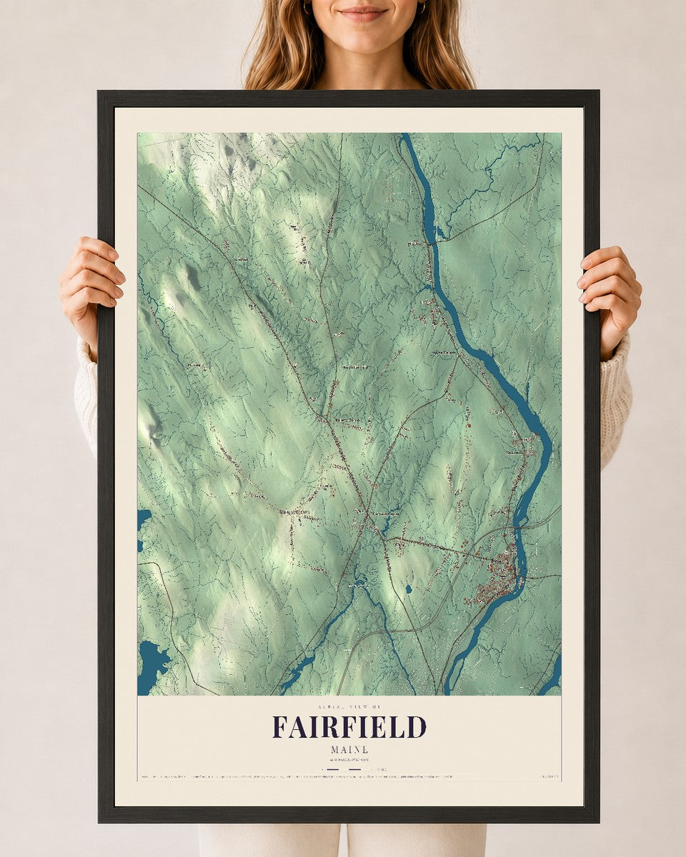 Fairfield, Maine map print - 24 x 36 black Ayous wood frame