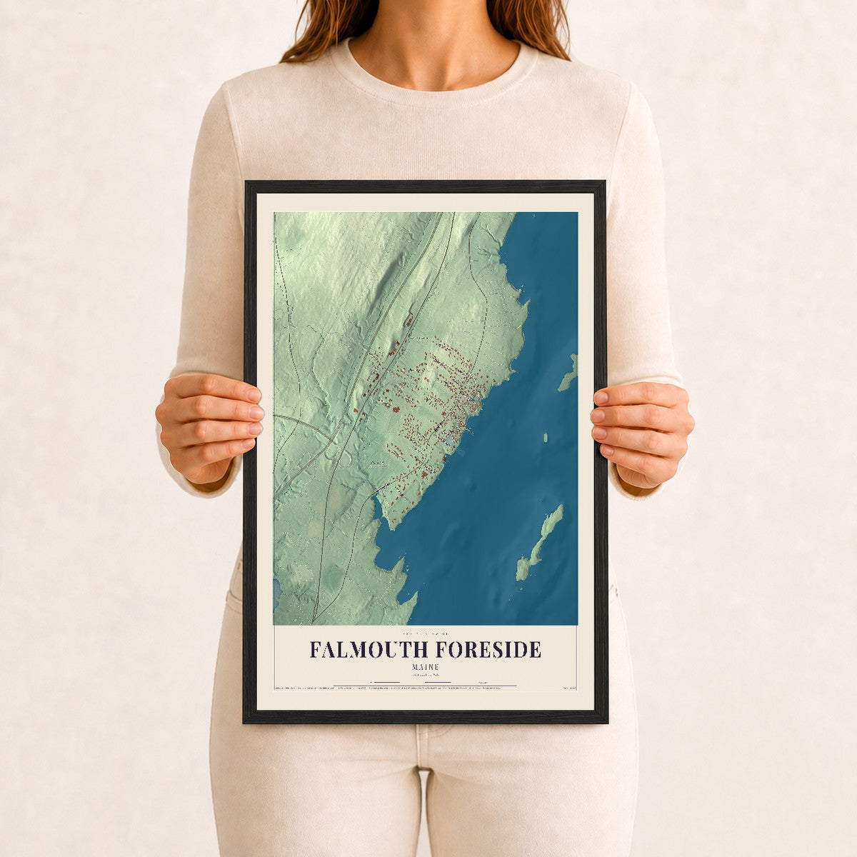 Falmouth Foreside, Maine map print - 12 x 18 black Ayous wood frame