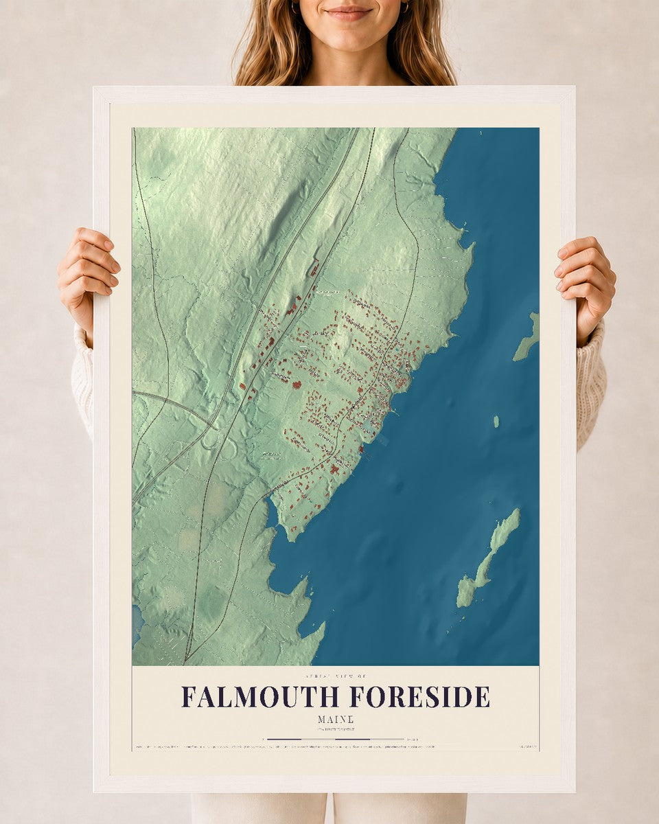 Falmouth Foreside, Maine map print - 24 x 36 white Ayous wood frame