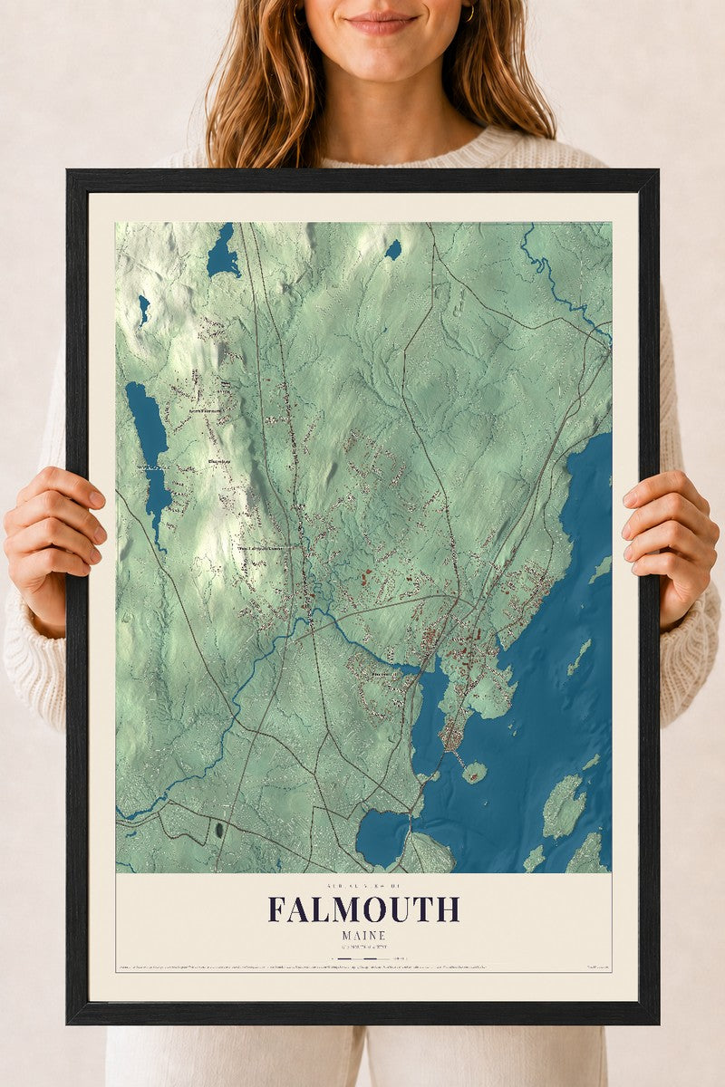 Falmouth, Maine map print - 18 x 24 black Ayous wood frame