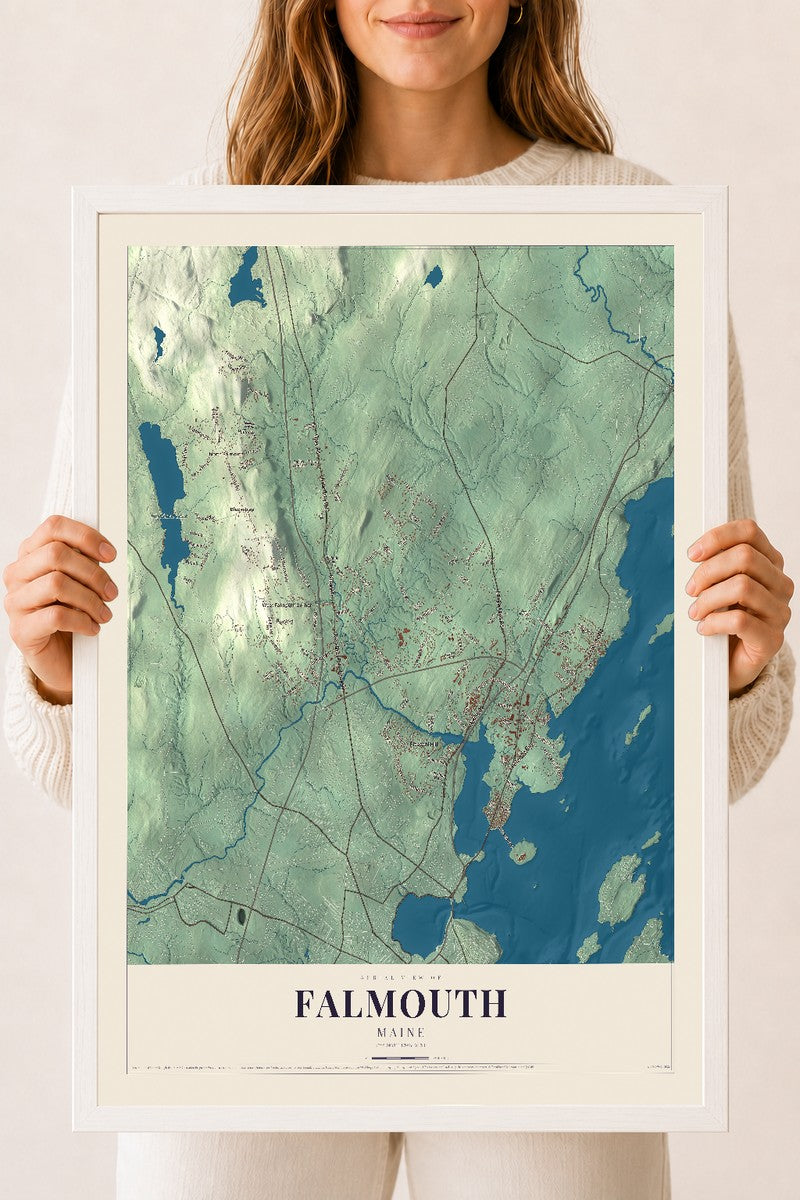 Falmouth, Maine map print - 18 x 24 white Ayous wood frame